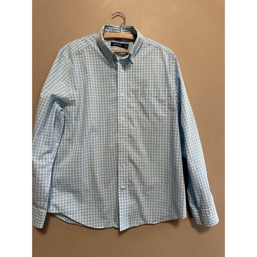 Nautica Classic Fit Button Down Shirt‎ Light Blue White Check Mens L 100% Cotton